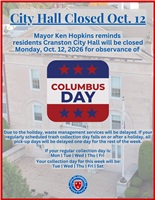 City Hall Closure - Columbus Day, Monday, Oct. 12